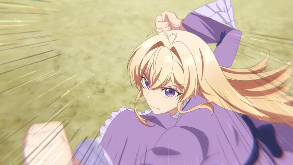 kadr z anime, z cold openu odcinka szóstego, Maria (Mimi) w sukni w trakcie uderzenia z prawej pięści