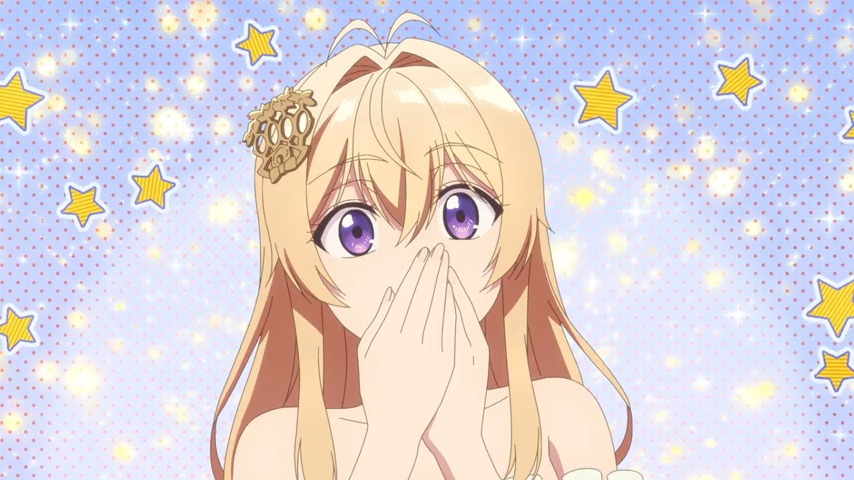 Kadr z drugiego odcinka anime, gdzie Maria (Mimi) zachwyca się księciem Renatio, gdzie dosłownie promienieje i są wokół niej gwiazdki.
